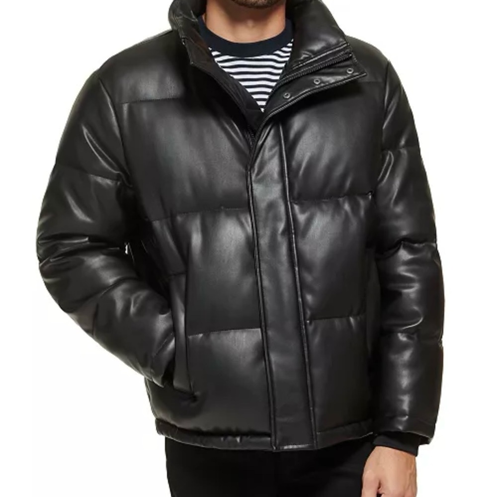Calvin Klein Mock Neck Faux Leather Puffer M